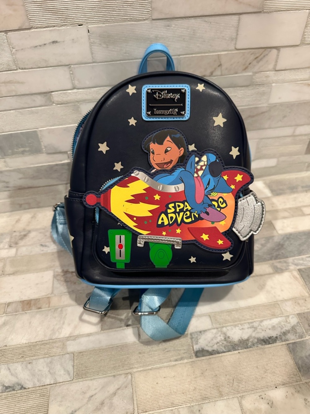 Loungefly Mini Backpack in Black and Blue with Lilo & Stitch Space Design